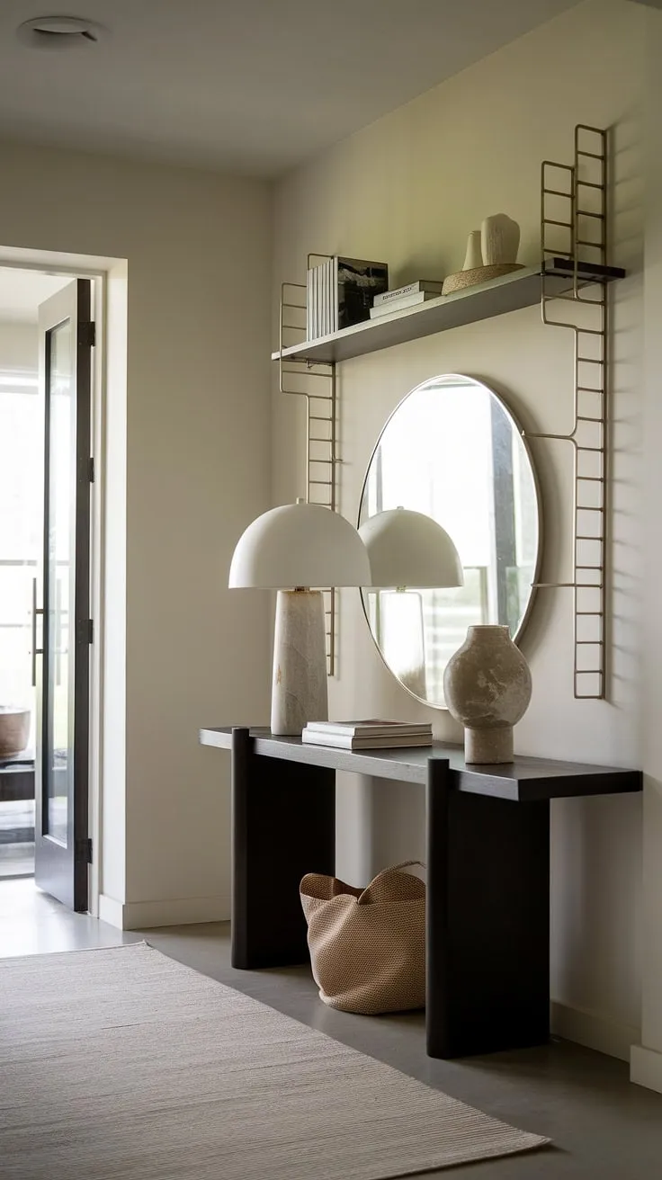This contemporary entryway is the epitome of modern elegance.  A minimalist console table anchors the space, while a floating shelf adds a touch of personality.  Perfect for those seeking entryway ideas for apartments, this design offers a cozy hallway feel without sacrificing style.  Explore minimalist entryway and minimalist hallway design with these elegant entryway ideas.