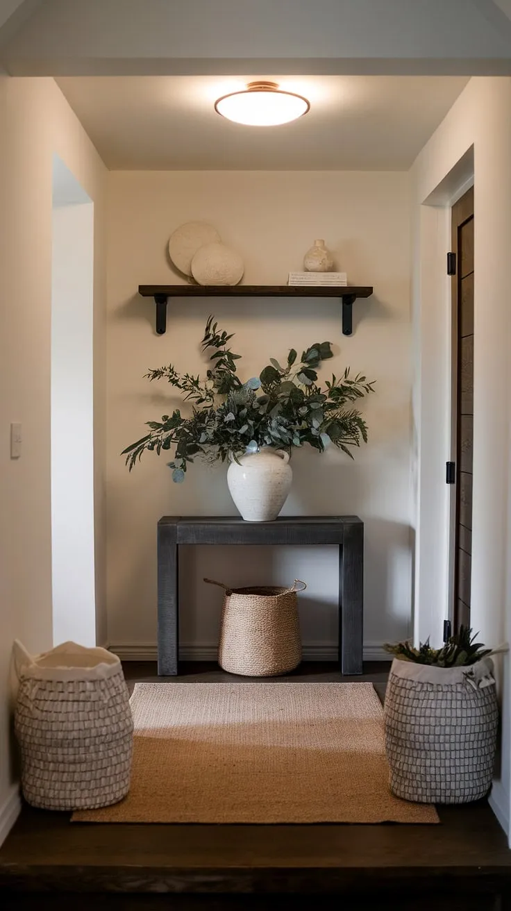 Create a cozy and elegant atmosphere in your minimalist hallway with this modern entryway design.  Entryway ideas for apartments don't get more chic than this minimalist console table and thoughtfully curated decor.  The perfect blend of contemporary entryway style and inviting warmth.
