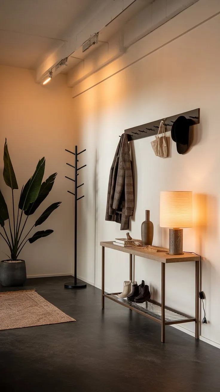 This minimalist hallway showcases elegant entryway ideas in a small space.  A minimalist console table anchors the contemporary entryway, while warm lighting and a touch of greenery create a cozy hallway feel.  Perfect modern entryway ideas for those seeking a sophisticated yet minimalist design.