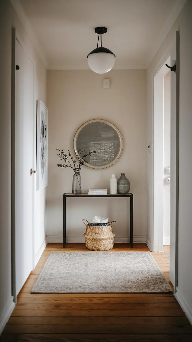 Step into serenity with this minimalist console table, anchoring a contemporary entryway that's both elegant and cozy. Perfect modern entryway ideas for apartments seeking a minimalist hallway.
