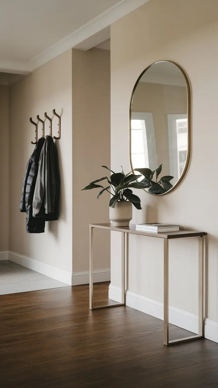 This minimalist hallway showcases the perfect blend of modern and cozy.  A minimalist console table anchors the space, while the soft lighting and simple decor create an elegant entryway.  Find more entryway ideas for apartments and minimalist entryway inspiration here.