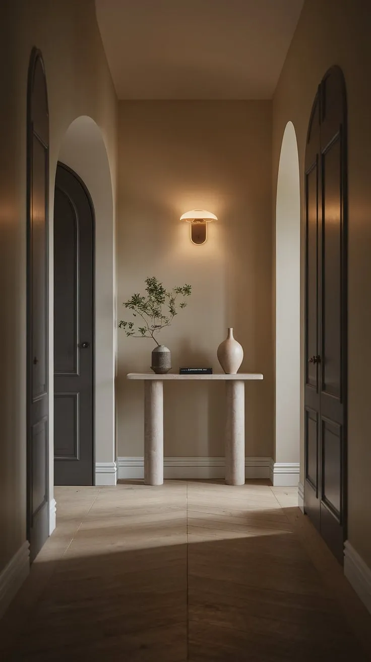 Cozy up your entryway with this minimalist design.  A dark gray door contrasts beautifully with the light wood floor, creating a sophisticated and calming minimalist entryway. This elegant entryway showcases simple yet effective entryway ideas for apartments, featuring a minimalist console table as the focal point.