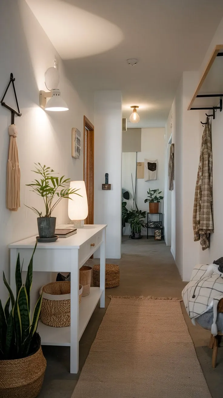 Elegant entryway ideas don't have to be complicated. This minimalist entryway, with its cozy ambiance and thoughtfully chosen décor, proves that less is truly more.  A minimalist console table anchors the space, creating a welcoming feel in this apartment's entryway and minimalist hallway.  Find inspiration for your own entryway ideas for apartments here.