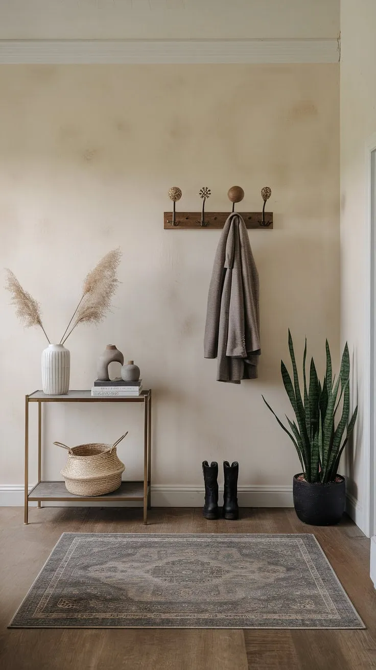 Step into serenity. This contemporary entryway, featuring a minimalist console table and clean lines, offers elegant entryway ideas perfect for even the smallest apartment.  The cozy hallway feels both modern and inviting, showcasing the best of minimalist hallway design.