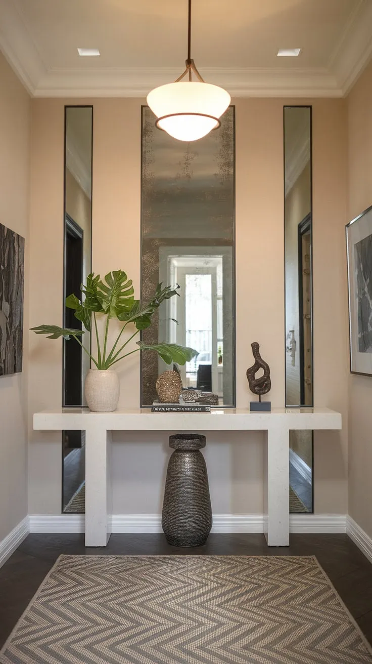 Step into serenity. This contemporary entryway, featuring a minimalist console table and clean lines, offers elegant entryway ideas perfect for even the smallest apartment.  The cozy hallway feel is achieved through thoughtful design, showcasing modern entryway ideas that prioritize both style and space. A minimalist hallway doesn't have to be cold; it can be incredibly inviting.