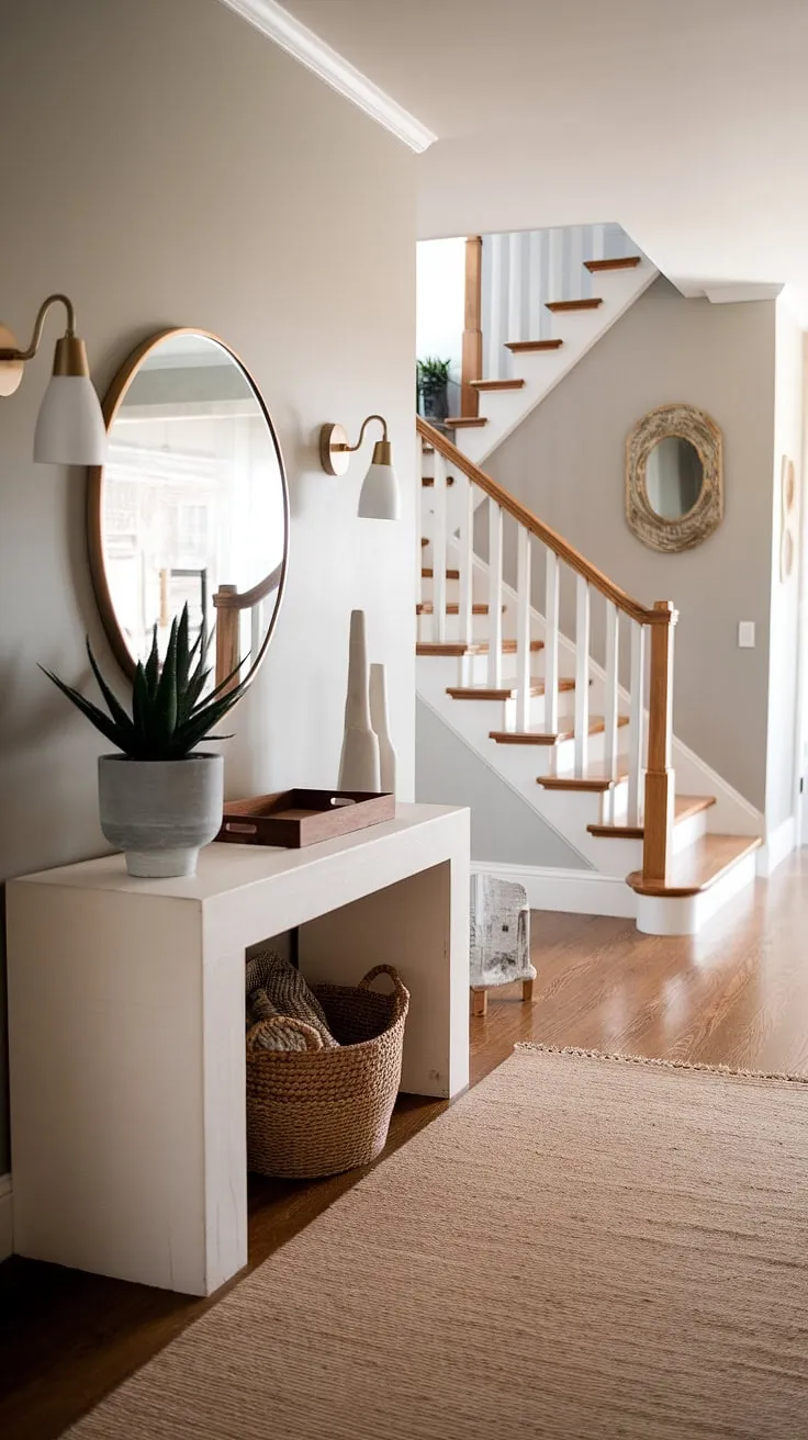 This cozy hallway showcases the beauty of a minimalist entryway.  A sleek, minimalist console table anchors this elegant entryway design, offering a perfect blend of modern and contemporary style. Ideal for apartment dwellers seeking entryway ideas for apartments, this space exemplifies minimalist hallway and modern entryway ideas.