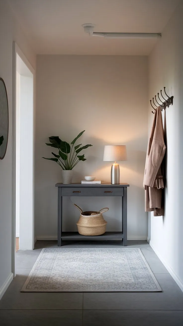This minimalist hallway and entryway showcase elegant entryway ideas with a contemporary twist. A minimalist console table anchors the space, creating a cozy hallway feel perfect for modern entryway ideas in apartments.