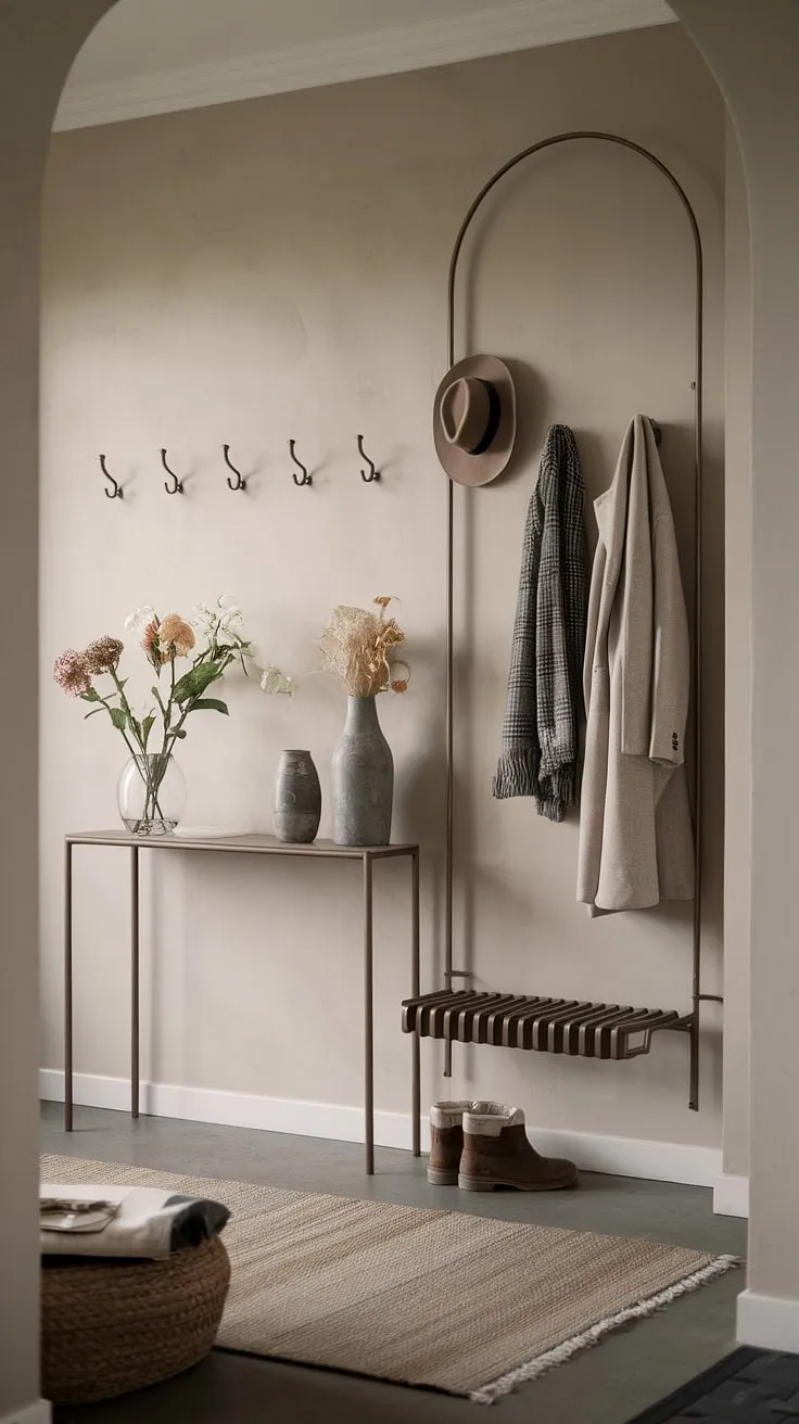 This minimalist hallway and entryway offers a sophisticated welcome.  Elegant entryway ideas are effortlessly achieved with a minimalist console table, creating a cozy and contemporary entryway perfect for modern apartment living.