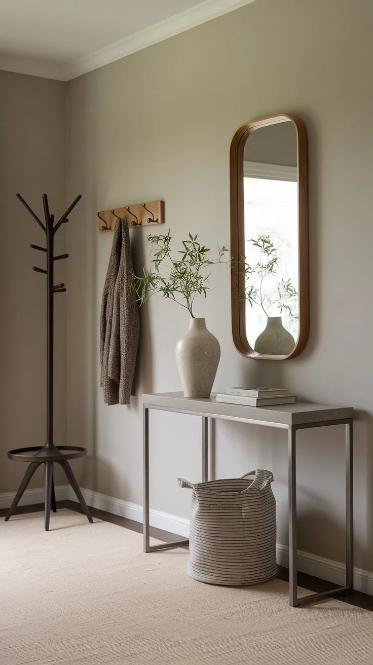 Create a welcoming and elegant atmosphere in your home with this minimalist entryway.  This cozy hallway showcases modern entryway ideas, including a minimalist console table and a thoughtful arrangement of decor. Ideal for apartments, this design offers a sophisticated yet cozy feel, embodying the best of minimalist hallway design.