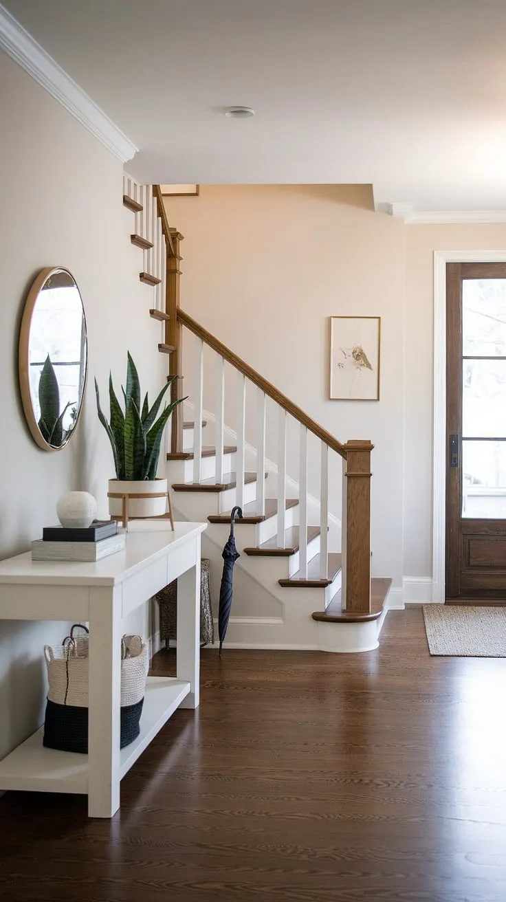 This minimalist entryway showcases the power of simple elegance.  A cozy hallway atmosphere is created with a contemporary design featuring a minimalist console table, offering modern entryway ideas ideal for apartments seeking stylish and space-saving solutions.