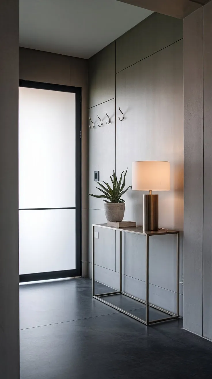 Step into serenity with this minimalist console table, the perfect centerpiece for a contemporary entryway.  Modern entryway ideas meet cozy hallway vibes in this elegant entryway design, ideal for even the smallest apartments.