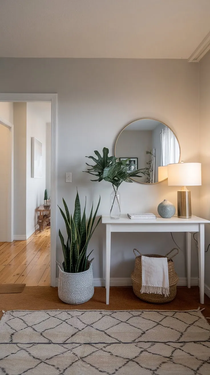 Step into serenity. This contemporary entryway, featuring a minimalist console table and clean lines, offers elegant entryway ideas perfect for even the smallest apartment.  The cozy hallway feels both modern and inviting, showcasing the best of minimalist hallway design.