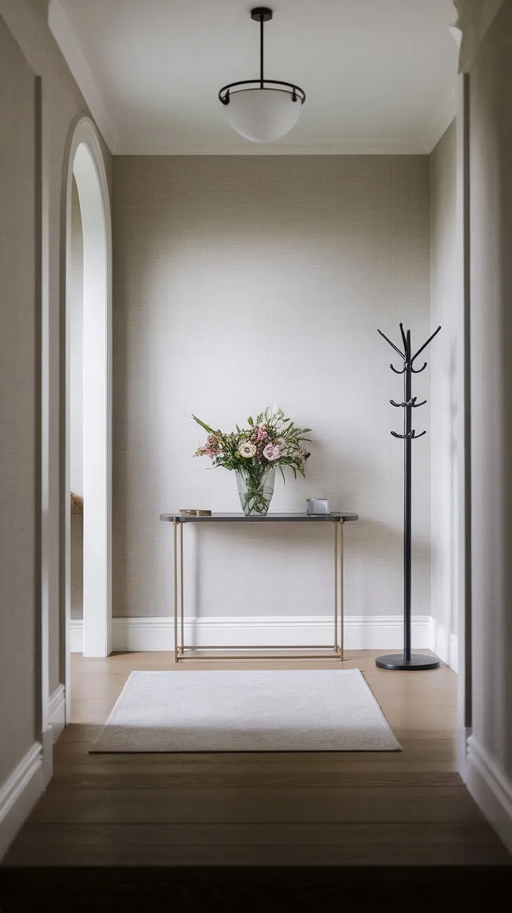 Modern meets minimalist in this elegant entryway.  A simple yet sophisticated space, this design showcases entryway ideas for apartments with its compact footprint and stylish minimalist console table. The cozy hallway atmosphere is perfect for welcoming guests, making it a prime example of modern entryway ideas.