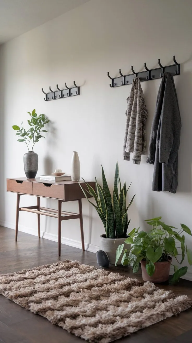 This contemporary entryway showcases the perfect blend of style and functionality.  Modern entryway ideas are effortlessly achieved with a minimalist console table, potted plants, and a wall-mounted coat rack, creating a cozy hallway and minimalist hallway feel.  Ideal entryway ideas for apartments seeking elegant entryway ideas.