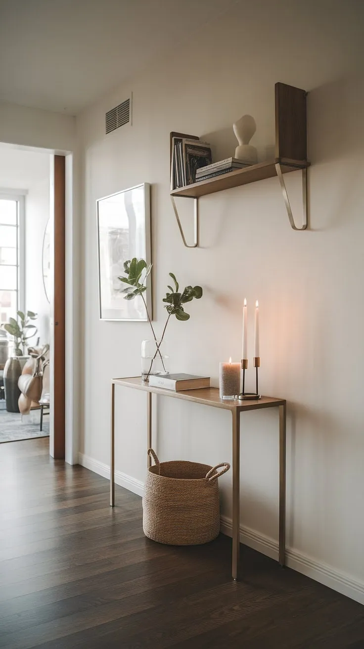 Modern entryway ideas don't get more chic than this.  A minimalist console table anchors this cozy hallway, showcasing elegant entryway ideas perfect for a minimalist entryway in a contemporary apartment.  Find inspiration for your own entryway ideas for apartments with this sophisticated design.