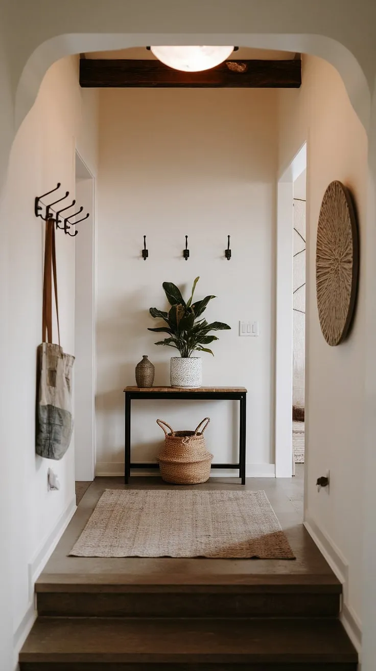 Step into serenity with this minimalist console table, the heart of a contemporary entryway that effortlessly blends modern and cozy vibes. Perfect for apartment living, this elegant entryway design offers a wealth of minimalist hallway inspiration.