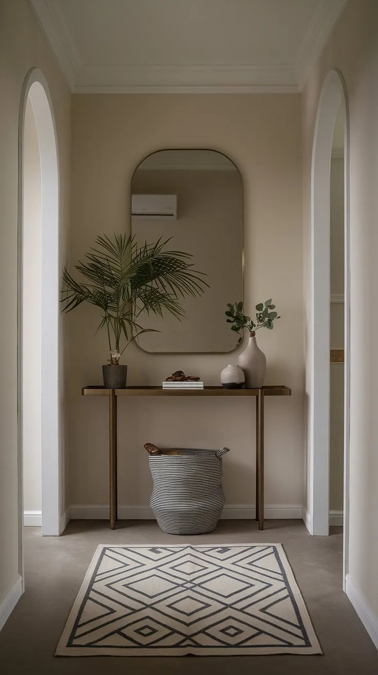 This cozy hallway showcases the beauty of simplicity.  A minimalist console table anchors this elegant entryway, offering a perfect blend of modern and minimalist entryway ideas ideal for smaller spaces.  Find inspiration for your own apartment entryway with this contemporary entryway design.