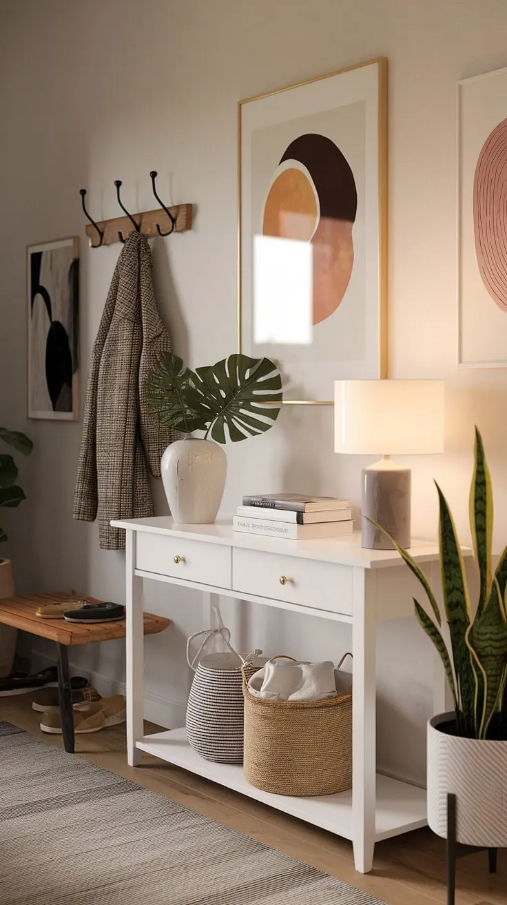 This minimalist hallway and entryway showcases the beauty of simplicity.  Elegant entryway ideas are effortlessly achieved with a minimalist console table, creating a cozy hallway and contemporary entryway perfect for modern apartment living.