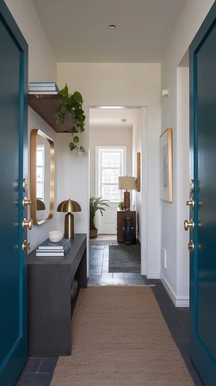 Step into serenity with this minimalist console table, the heart of a contemporary entryway that effortlessly blends modern and cozy vibes. Perfect for apartment living, this elegant entryway design offers a wealth of minimalist hallway ideas.
