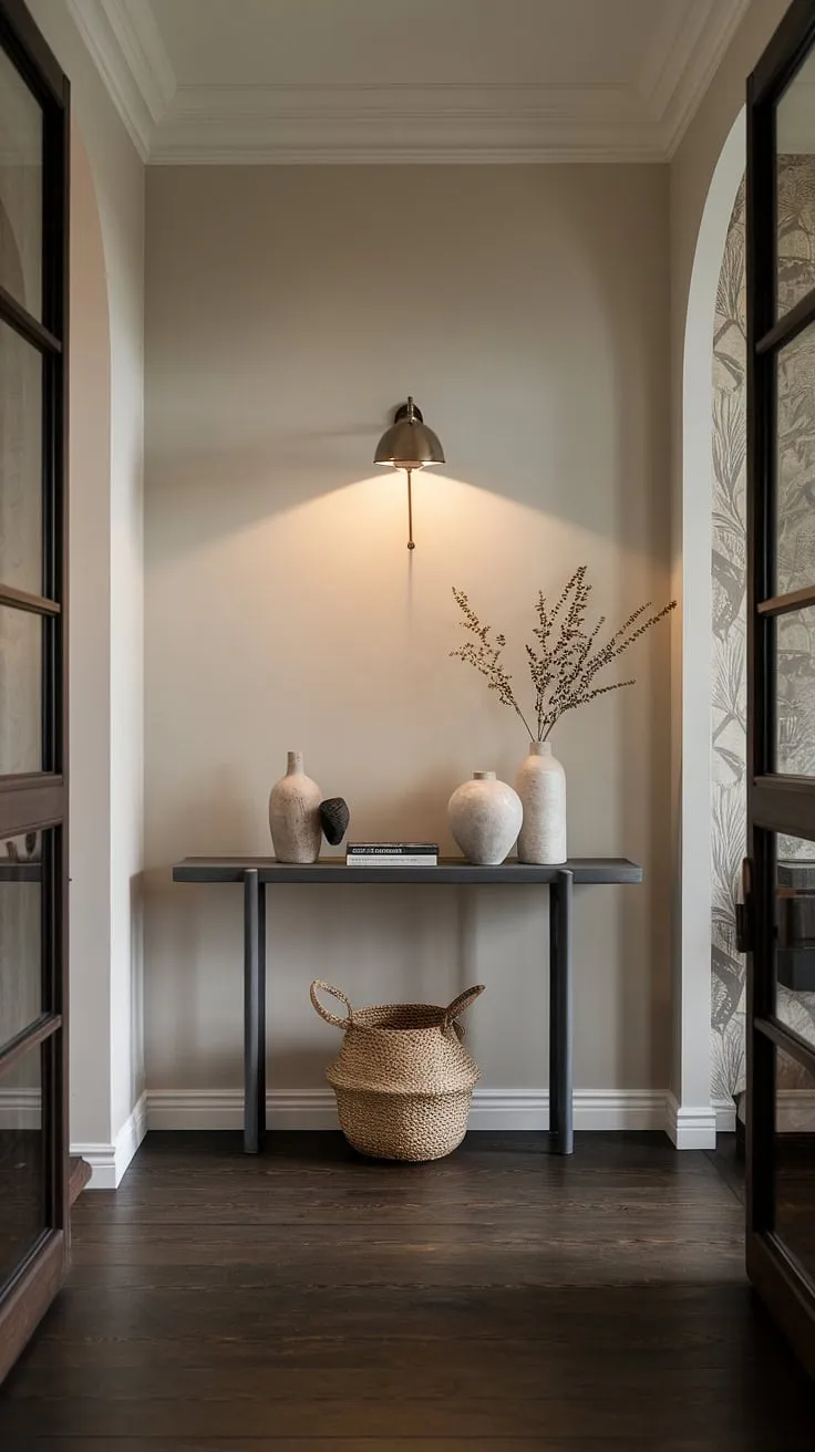 A minimalist console table anchors this elegant entryway, showcasing modern entryway ideas for a cozy hallway.  Perfect entryway ideas for apartments seeking a contemporary and minimalist entryway design.