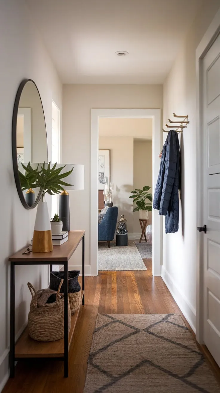 Step into serenity with this minimalist console table, the perfect centerpiece for a contemporary entryway.  Modern entryway ideas meet cozy hallway vibes in this elegant entryway design, ideal for apartment living.