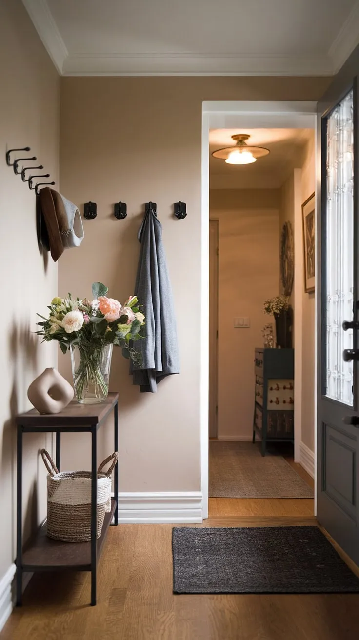 This minimalist entryway showcases elegant entryway ideas for a small space.  A minimalist console table anchors the design, while the cozy hallway and minimalist hallway beyond add warmth.  Find inspiration for your modern entryway ideas here.