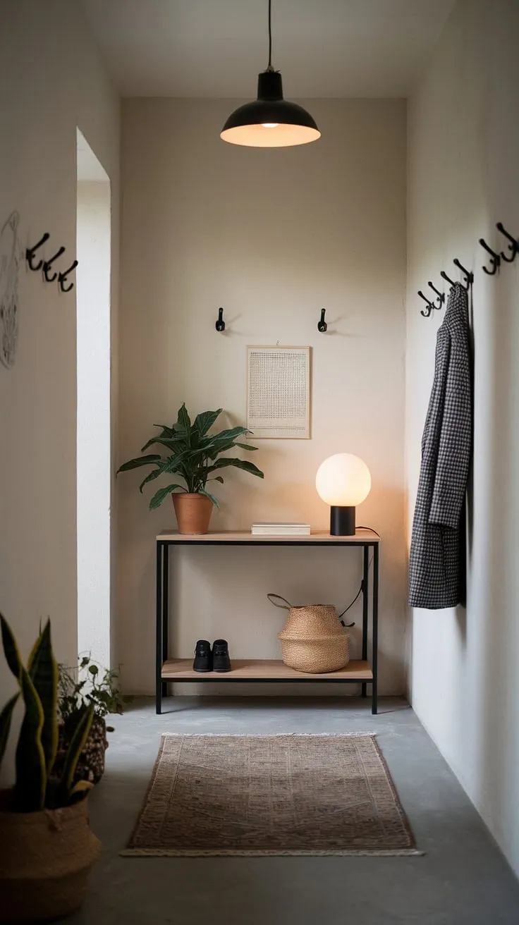 This minimalist hallway showcases elegant entryway ideas in a compact space. A minimalist console table anchors the contemporary entryway, while subtle lighting and a few carefully chosen items create a cozy hallway feel. Perfect inspiration for modern entryway ideas and minimalist entryway design in apartments.