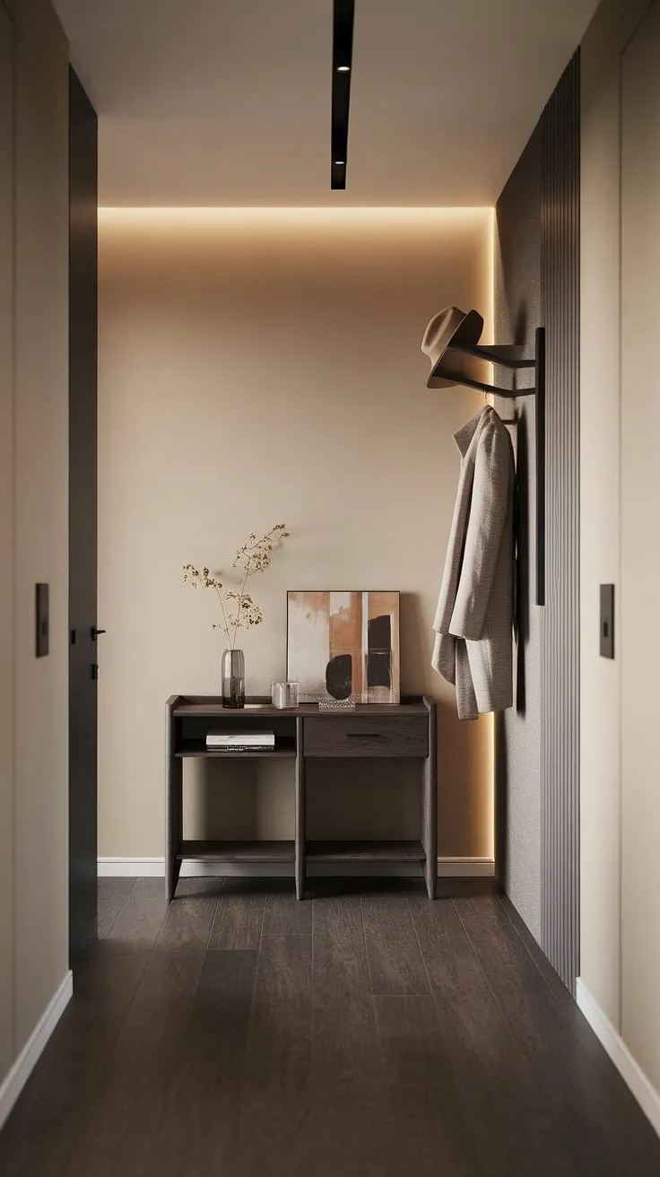 Warmth and sophistication meet in this minimalist entryway.  The dark wood floors and minimalist console table create a cozy hallway, showcasing elegant entryway ideas ideal for entryway ideas for apartments seeking a contemporary feel.