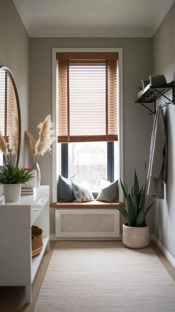 This minimalist hallway and entryway showcase elegant entryway ideas that are both stylish and functional. A minimalist console table anchors the space, creating a cozy hallway feel perfect for modern entryway ideas in apartments.