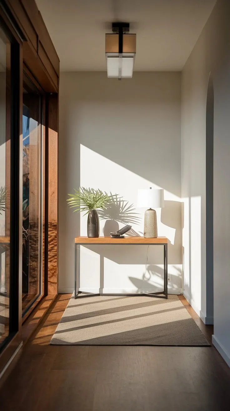 Step into serenity. This contemporary entryway, featuring a minimalist console table and clean lines, offers elegant entryway ideas perfect for even the smallest apartment.  The cozy hallway feel is achieved through thoughtful design, showcasing modern entryway ideas that prioritize both style and space. A minimalist hallway doesn't have to be stark; it can be incredibly inviting.