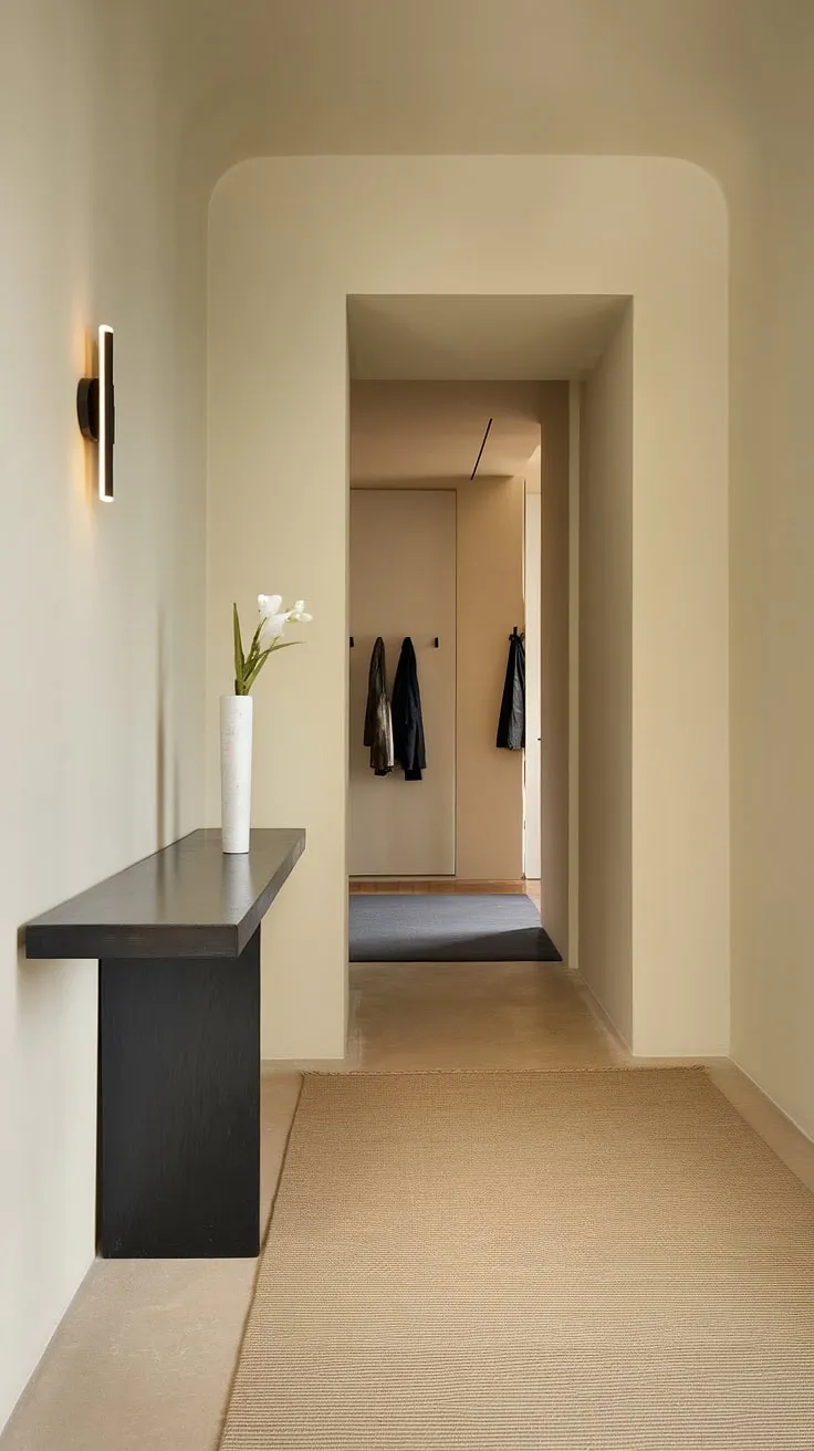 This cozy hallway showcases the beauty of simplicity.  A minimalist console table anchors this elegant entryway, offering a perfect blend of modern and minimalist entryway ideas, ideal for even the smallest apartments.