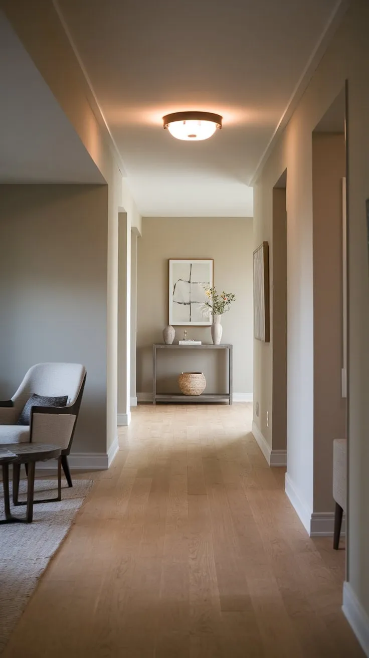 Find calm in the details. This minimalist entryway is a masterclass in cozy hallway design, offering entryway ideas for apartments that prioritize both style and comfort. The minimalist console table and carefully chosen accents elevate this modern entryway to a space of understated elegance.