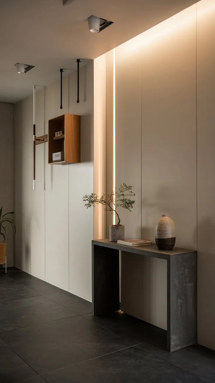 Step into serenity with this minimalist console table, the heart of a contemporary entryway that effortlessly blends modern and cozy.  Perfect for apartment living, this elegant entryway design offers a wealth of minimalist hallway inspiration.