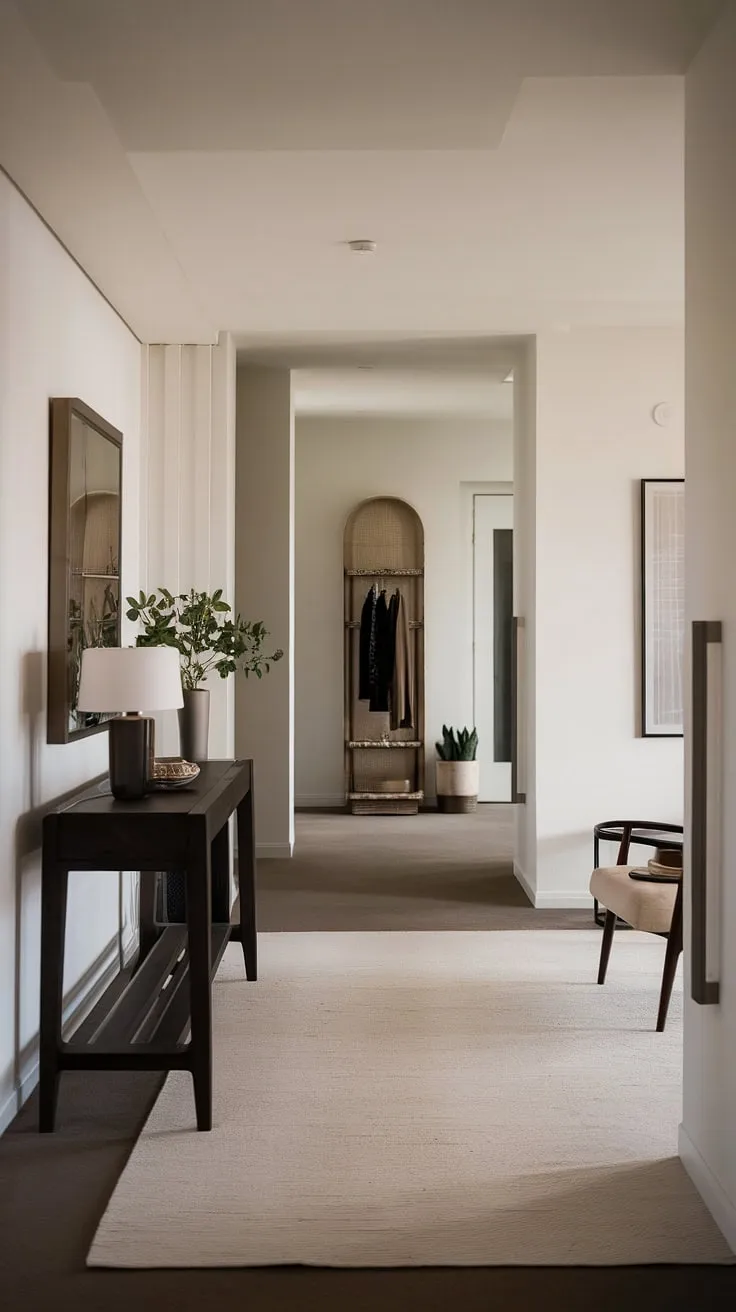 Modern entryway ideas meet minimalist design in this elegant entryway. The cozy hallway and minimalist console table create a welcoming and spacious feel, offering perfect entryway ideas for apartments seeking a touch of sophisticated simplicity.