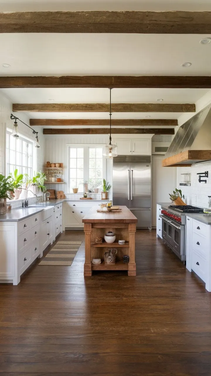 This stunning kitchen harmoniously combines rustic wooden beams with sleek stainless steel appliances, creating an inviting and functional space anchored by a large island and accented by elegant grey stone countertops.