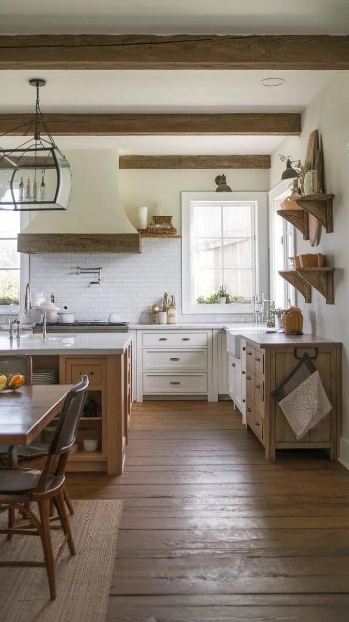 This modern farmhouse kitchen masterfully blends rustic charm with sleek design, creating a warm and inviting space perfect for entertaining loved ones.