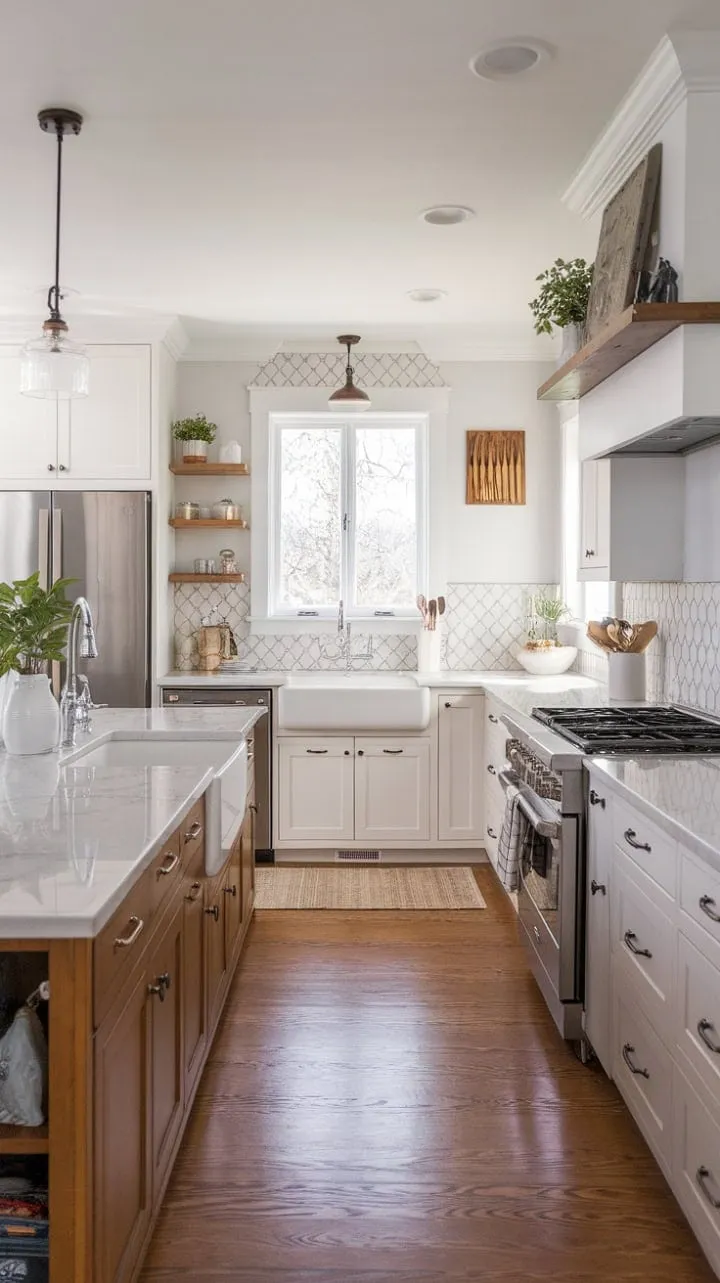 This kitchen masterfully fuses modern elegance with farmhouse warmth, featuring sleek shaker cabinets and a marble island alongside a charming patterned backsplash and rustic sink.