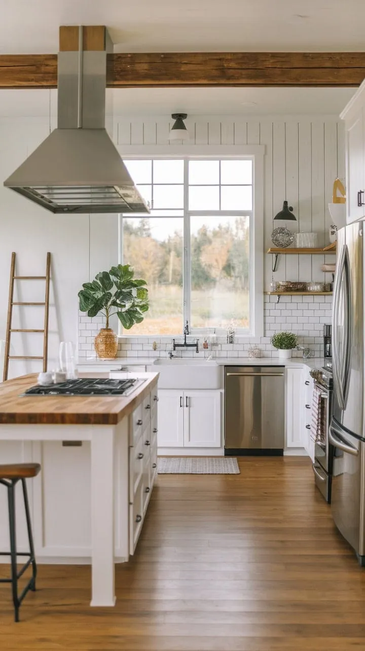 Bathed in sunlight, this modern farmhouse kitchen blends clean lines and rustic charm, creating a serene and inviting culinary haven.