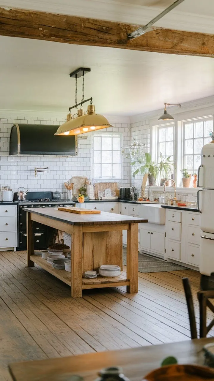 This farmhouse kitchen harmoniously combines warmth and modern design, featuring golden lighting, sleek black countertops, and white cabinetry, all enhanced by potted plants for a sophisticated yet inviting atmosphere.