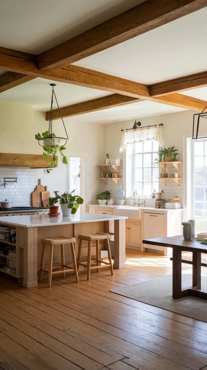 This kitchen masterfully fuses rustic warmth with sleek modernity, featuring exposed beams and a farmhouse sink alongside a chic marble island and contemporary appliances.