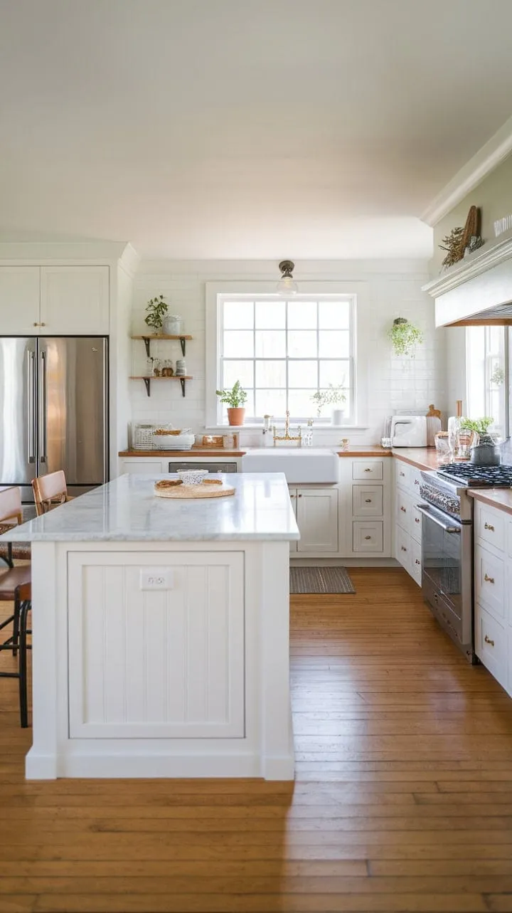 This kitchen masterfully combines modern amenities with rustic charm, featuring a stunning island that invites both culinary creativity and cozy gatherings.