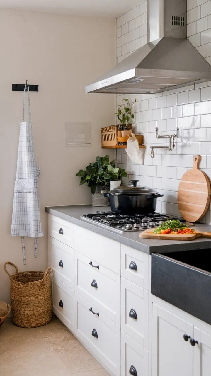 This modern farmhouse kitchen blends warmth and functionality with its bright white cabinets, sleek gray countertops, and charming details, creating an inviting space for culinary creativity.