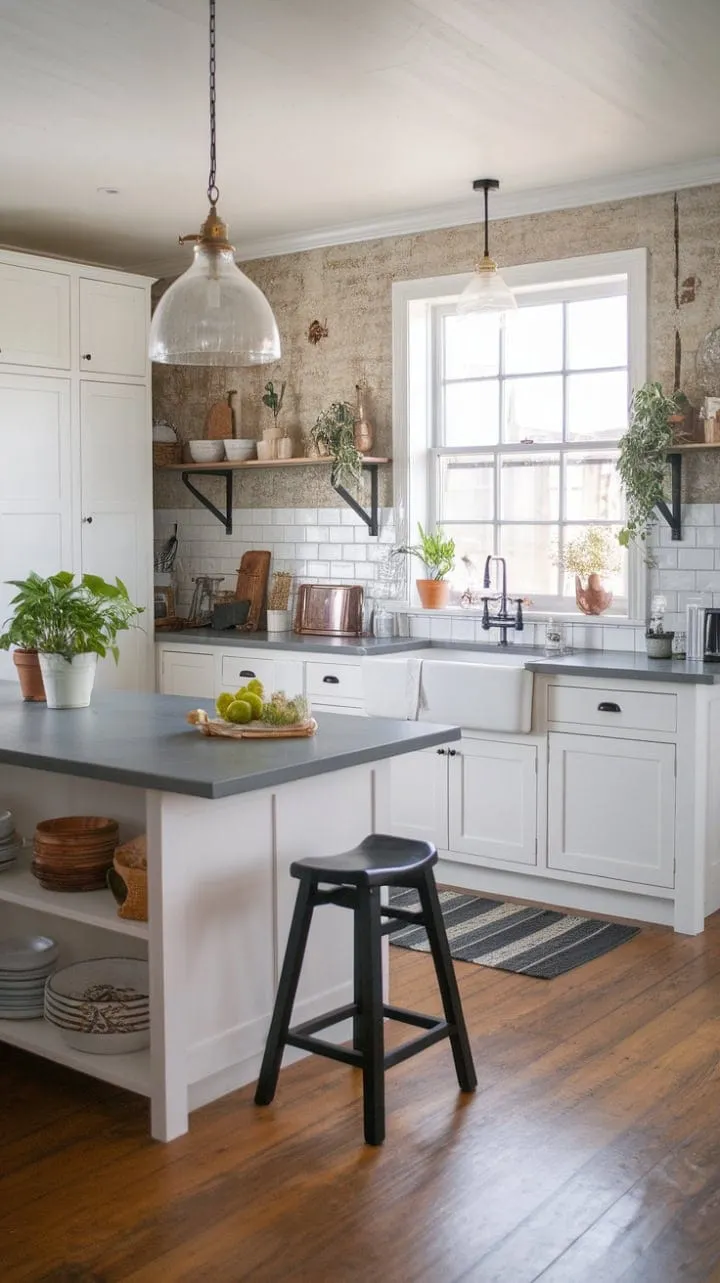 This contemporary farmhouse kitchen blends clean elegance with edgy sophistication, featuring a spacious island, rustic brick accents, and lively potted plants for a warm, inviting atmosphere perfect for creating cherished memories.