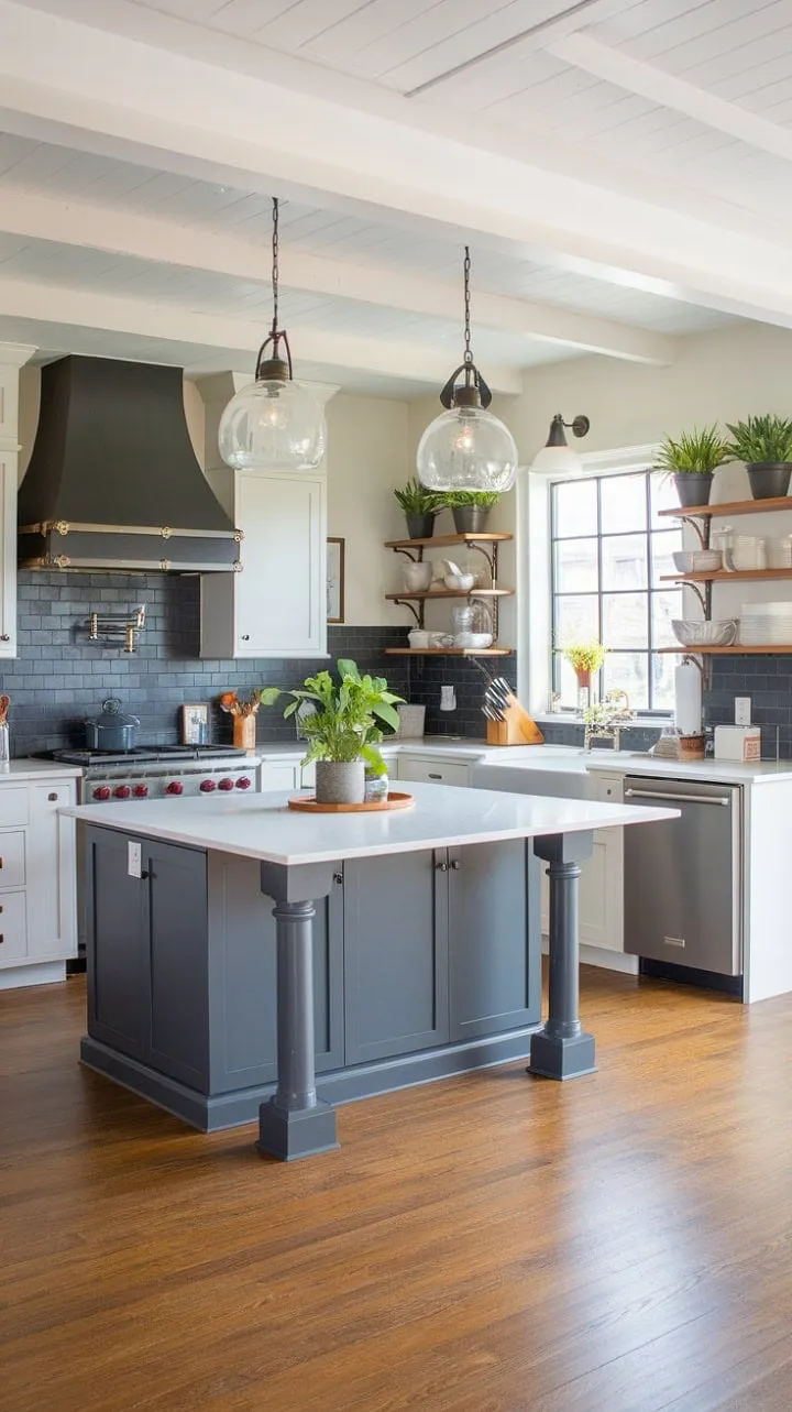 This kitchen masterfully blends modern convenience with farmhouse charm, featuring a spacious island and a striking dark gray backsplash that exude both sophistication and warmth.