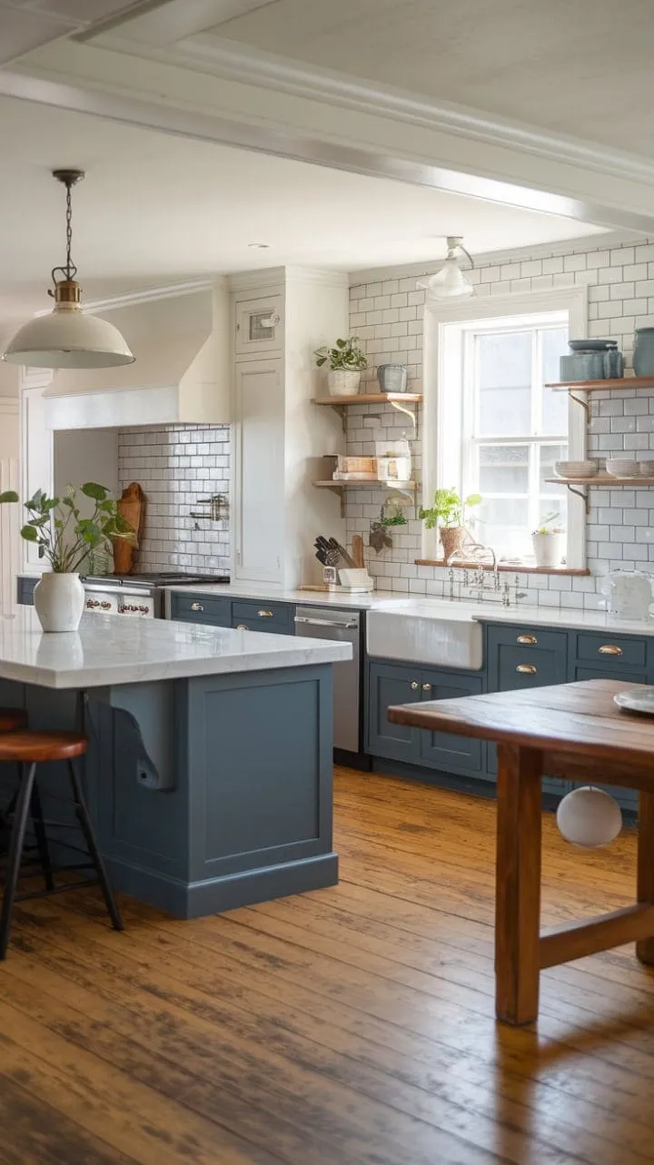 This stunning kitchen harmoniously blends modern elegance with farmhouse charm, showcasing a luxurious marble island, deep blue sink, and chic cabinetry, all bathed in warm light and surrounded by inviting oak floors and greenery.
