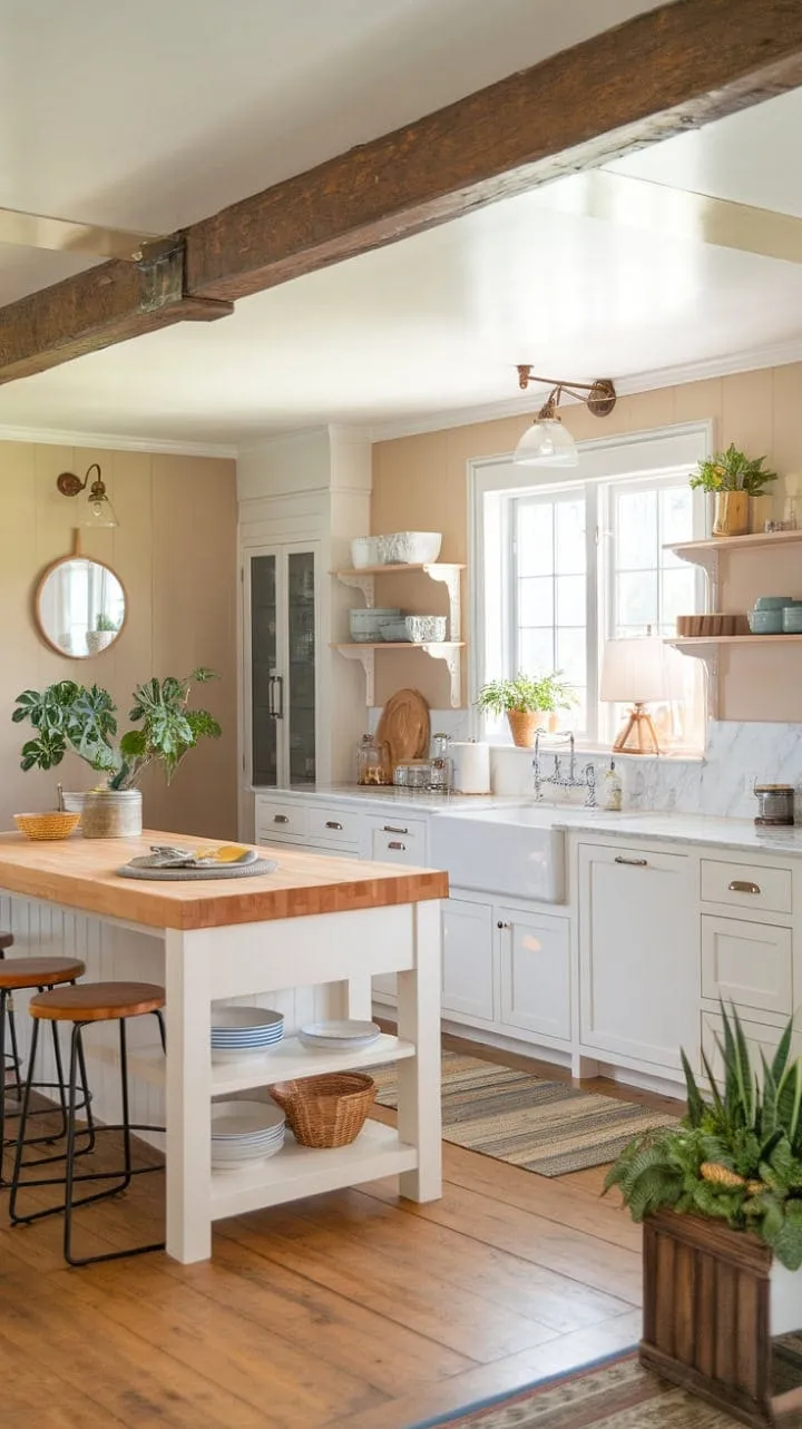 Bathed in sunlight, this modern farmhouse kitchen blends gleaming marble and rustic wood, creating a serene sanctuary for culinary inspiration.