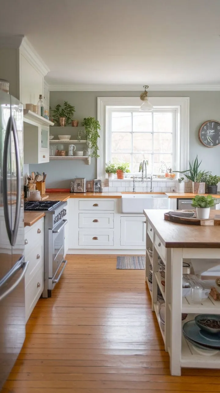 This kitchen masterfully fuses modern elegance with rustic warmth, featuring sleek appliances, a charming wood island, and vibrant potted plants that create an inviting heart of the home.