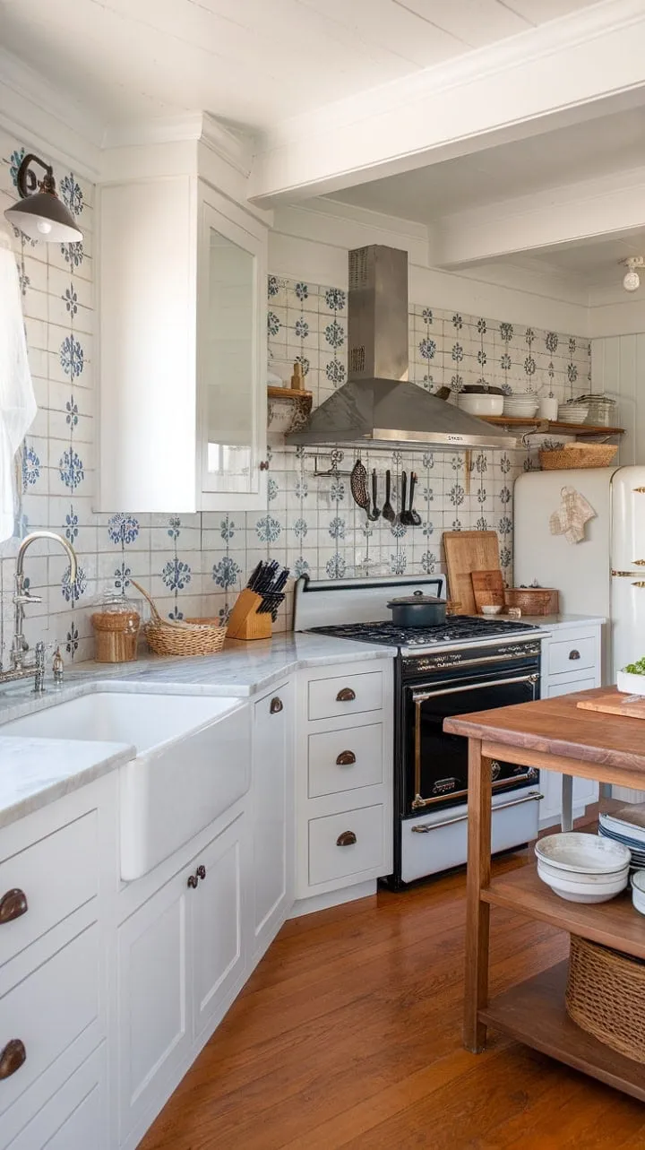 This modern farmhouse kitchen artfully combines rustic charm and contemporary elegance, featuring bright white cabinetry and marble countertops alongside a warm wood island and striking black stove.
