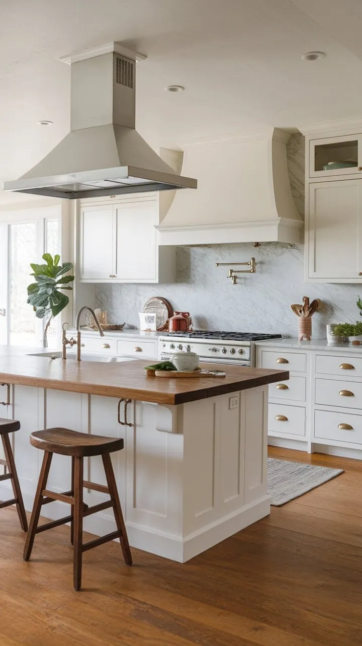 This beautifully designed kitchen masterfully fuses modern functionality with rustic elegance, featuring a rich wooden island, bright white cabinetry, and warm brass accents.