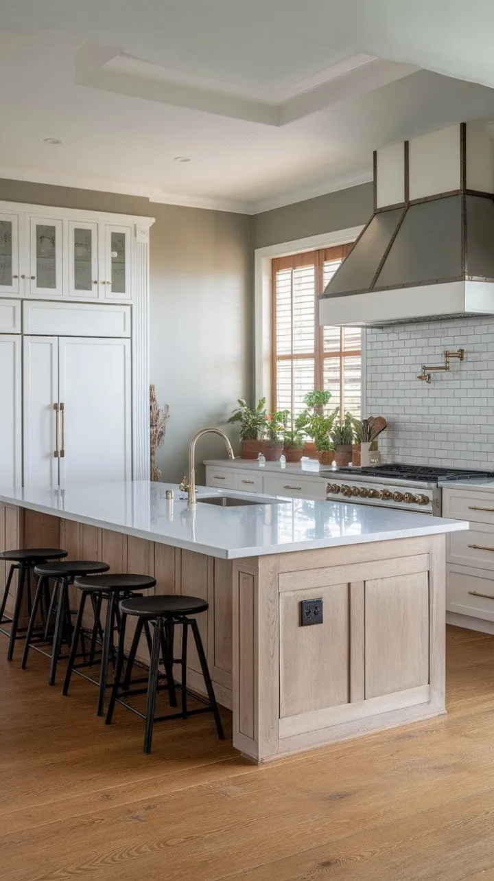 This kitchen harmoniously blends contemporary elegance with rustic charm, creating an inspiring space where beauty and functionality coexist.